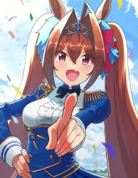 Rule 34 | 1girl, black bow, black bowtie, blue jacket, bow, bowtie, breasts, buttons, confetti, daiwa scarlet (umamusume), double-breasted, epaulettes, fang, hair intakes, hand on own hip, highres, horse girl, jacket, long hair, long sleeves, looking at viewer, medium breasts, open mouth, outdoors, pointing, pointing at viewer, purple eyes, red hair, solo, tiara, tokiwa png, umamusume, very long hair