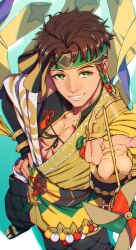 Rule 34 | 1boy, abs, aduti momoyama, braid, bridal gauntlets, claude von riegan, claude von riegan (winds offered), fire emblem, fire emblem: three houses, fire emblem heroes, from above, green headband, hand on own hip, headband, highres, holding pinwheel, japanese clothes, looking at viewer, nintendo, official alternate costume, pinwheel, sandals, single braid, smile, solo