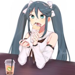 Rule 34 | 1girl, blue eyes, blue hair, bubble tea, commentary request, crepe, dessert, detached sleeves, drink, eating, folte, food, hairband, isuzu (kancolle), isuzu kai ni (kancolle), kantai collection, long hair, lowres, open mouth, school uniform, serafuku, simple background, solo, table, tumbler, twintails, upper body, white background