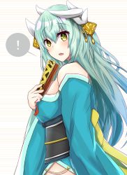 Rule 34 | !, 1girl, :o, aqua kimono, bare shoulders, breasts, commentary request, dragon girl, dragon horns, eyelashes, eyes visible through hair, fate/grand order, fate (series), folded fan, folding fan, green eyes, green hair, hair between eyes, hair ornament, hair over shoulder, hand fan, highres, holding, holding fan, horns, japanese clothes, kimono, kiyohime (fate), large breasts, long sleeves, looking at viewer, nanomaru, obi, off shoulder, open mouth, raised eyebrows, sash, simple background, solo, speech bubble, spoken exclamation mark, surprised, teeth, white background, wide sleeves