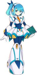 Rule 34 | 1girl, android, blue bodysuit, blue eyes, blue hair, bodysuit, breasts, closed mouth, commentary request, full body, headset, highres, holding, joints, long hair, looking at viewer, medium breasts, mega man (series), mega man x (series), mega man x dive, mizuno keisuke, official art, pale skin, ponytail, rico (mega man), robot, robot joints, shorts, side ponytail, simple background, smile, solo, standing, white background