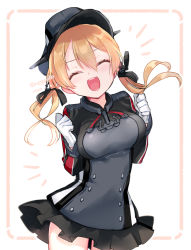 Rule 34 | 1girl, black skirt, blonde hair, blush, breasts, cowboy shot, closed eyes, gloves, hair between eyes, hat, kantai collection, large breasts, long hair, long sleeves, low twintails, megane poni, military, military hat, military uniform, one-hour drawing challenge, open mouth, peaked cap, pleated skirt, prinz eugen (kancolle), skirt, smile, solo, twintails, twitter username, uniform, white gloves