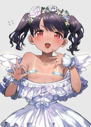 Rule 34 | 1girl, bandaid, bandaids on nipples, bare shoulders, black hair, breasts, commentary request, dress, fangs, flower, fukumaru koito, grey background, hair flower, hair ornament, highres, idolmaster, idolmaster shiny colors, jewelry, looking at viewer, necklace, open mouth, pasties, red eyes, rose, short hair, signalviolet, simple background, small breasts, smile, solo, tan, tanline, twintails, white dress, white flower, white rose, wings, wrist cuffs