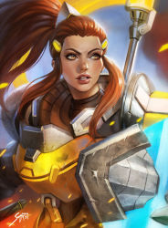 Rule 34 | 1girl, armor, banner, brigitte (overwatch), brown eyes, brown hair, eyebrows, freckles, headgear, highres, holding, holding weapon, long hair, overwatch, overwatch 1, parted lips, ponytail, power armor, shield, sidelocks, soffa, solo, upper body, weapon