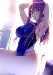 Rule 34 | 1girl, armpits, arms up, backlighting, bag, blue eyes, blue one-piece swimsuit, blush, breasts, competition swimsuit, covered navel, dutch angle, hair ribbon, highres, indoors, kaerunoashi, large breasts, long hair, mouth hold, one-piece swimsuit, original, purple hair, ribbon, school bag, sideboob, sidelocks, sitting, smile, solo, swimsuit, tying hair