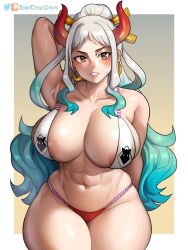 Rule 34 | 1girl, abs, absurdres, adapted costume, alternate breast size, aqua hair, areola slip, arm behind back, arm behind head, arm up, armpits, bare shoulders, bikini, blush, border, breasts, brown eyes, collarbone, cowboy shot, curled horns, curvy, earrings, gradient hair, green hair, grey hair, groin, hair intakes, hair ornament, hair stick, highres, hoop earrings, horns, huge breasts, jewelry, light smile, lips, long hair, looking at viewer, micro bikini, multicolored hair, multicolored horns, navel, one piece, oni, orange horns, outside border, parted lips, patreon logo, red horns, skindentation, solo, stomach, suavi-cream, swimsuit, toned, twitter logo, twitter username, very long hair, white border, yamato (one piece)