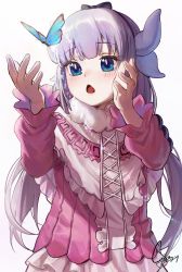 Rule 34 | 1girl, :o, absurdres, blouse, blue butterfly, blue eyes, blush, bow, bow hairband, bug, butterfly, cozyu, dated, grey hair, hair bow, hairband, hands up, heart, heart in eye, highres, horns, insect, kanna kamui, kobayashi-san chi no maidragon, long hair, multiple horns, open mouth, pink shirt, shirt, signature, simple background, solo, symbol in eye, white background