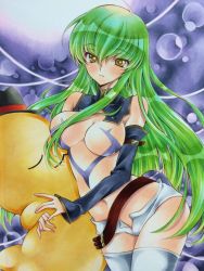 Rule 34 | 1girl, alternate costume, bad id, bad twitter id, blush, breasts, c.c., cheese-kun, code geass, cowboy shot, detached collar, detached sleeves, hugging doll, geass, green hair, izumo neko, long hair, navel, no nipples, hugging object, revealing clothes, short hair, solo, thighhighs, traditional media, very long hair, white thighhighs, yellow eyes