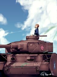 Rule 34 | 10s, anglerfish, brown hair, cloud, day, fish, from side, gbmah, girls und panzer, highres, military, military vehicle, miniskirt, motor vehicle, nishizumi miho, outdoors, panzer iv, panzer iv, short hair, sitting, skirt, sky, solo, tank