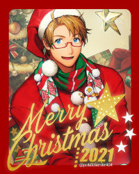 Rule 34 | 1boy, 2021, :d, ahoge, axis powers hetalia, blonde hair, blue eyes, border, box, christmas, christmas lights, christmas ornaments, christmas tree, crossed arms, dated, fur-trimmed headwear, fur trim, gift, gift box, glasses, hat, merry christmas, open mouth, pom pom (clothes), print scarf, red border, red sweater, sack, santa costume, santa hat, scarf, smile, star (symbol), sweater, to@st, twitter username