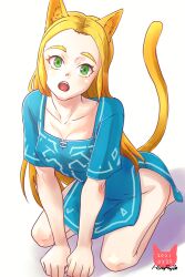 Rule 34 | 1girl, animal ears, artist logo, blonde hair, blue shirt, cat ears, cat girl, cattail, champion&#039;s tunic (zelda), collarbone, dated, hirofujie, long hair, looking at viewer, naked shirt, nintendo, open mouth, plant, princess zelda, seiza, shirt, signature, sitting, solo, teeth, the legend of zelda, the legend of zelda: breath of the wild, upper teeth only