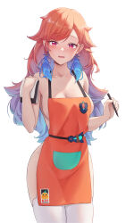 Rule 34 | 1girl, absurdres, apron, breasts, collarbone, earrings, feather earrings, feathers, gradient hair, highres, holding, holding notepad, holding pen, hololive, hololive english, jewelry, large breasts, long hair, multicolored hair, naked apron, notepad, official alternate hairstyle, orange apron, orange hair, pen, red eyes, shironekokfp, solo, takanashi kiara, thighhighs, virtual youtuber, white thighhighs