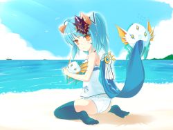 Rule 34 | 1girl, animal, animal ears, bad id, bad pixiv id, beach, blue hair, blue thighhighs, boat, bow, camisole, cape, cat ears, day, dexp, elsword, eve (elsword), facial tattoo, hair bow, hair ornament, looking back, open mouth, outdoors, panties, sand, short hair, sitting, solo, sweatdrop, tattoo, thighhighs, underwear, wariza, water, watercraft, yellow eyes