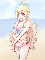 Rule 34 | 1girl, :d, aikatsu! (series), aikatsu stars!, bare arms, beach, bikini, blonde hair, blue bikini, blue bow, bow, breasts, cleavage, collarbone, day, frilled bikini, frills, front-tie bikini top, front-tie top, green eyes, hair bow, highres, long hair, looking at viewer, ocean, ogry ching, open mouth, shiratori hime, sketch, small breasts, smile, solo, standing, swimsuit, very long hair