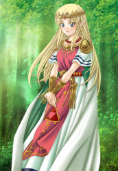 Rule 34 | 1girl, blonde hair, blue eyes, crown, earrings, highres, jewelry, long hair, necklace, nintendo, own hands together, plant, princess zelda, solo, tamamon, the legend of zelda, the legend of zelda: a link to the past, triforce