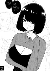 Rule 34 | 1girl, 3boys, absurdres, arm under breasts, artist logo, artist name, black hair, black nails, bob cut, breasts, bright pupils, cleavage, cropped sweater, desyana laurentia, english text, glasses, greyscale, hands on own chin, highres, jewelry, large breasts, long sleeves, mole, mole under eye, monochrome, multiple boys, nail polish, necklace, norman maggot, original, pursed lips, rejection, ribbed sweater, speech bubble, sweater, tsurime, turtleneck, turtleneck sweater, upper body
