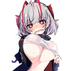 Rule 34 | 1girl, antenna hair, arknights, black jacket, blush, breasts, clothes lift, commentary, embarrassed, grey hair, grey scarf, jacket, large breasts, no bra, nose blush, open mouth, red eyes, red hair, scarf, see-through, shirt, shirt lift, short hair, simple background, solo, sukima (crie), symbol-only commentary, tears, upper body, w (arknights), white background, white shirt