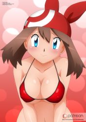 Rule 34 | 1girl, bandana, bare arms, bare shoulders, bikini, bikini top only, blue eyes, blush, breasts, brown hair, cleavage, closed mouth, collarbone, covered erect nipples, creatures (company), game freak, highres, large breasts, leaning forward, looking at viewer, may (pokemon), navel, nintendo, pokemon, pokemon rse, red bikini, sidelocks, smile, solo, swimsuit, zel-sama
