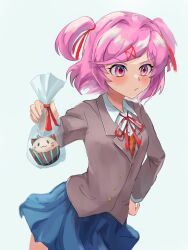 Rule 34 | 1girl, :3, animal ears, bag, blazer, blue skirt, blush, bob cut, breasts, brown sweater vest, cat ears, closed mouth, commentary, cowboy shot, cupcake, doki doki literature club, dress shirt, embarrassed, fake animal ears, food, giving, grey jacket, hair between eyes, hair ornament, hand on own hip, highres, holding, holding bag, holding food, incoming food, incoming gift, jacket, looking at viewer, natsuki (doki doki literature club), neck ribbon, pink eyes, pink hair, plastic bag, plavoid, pleated skirt, pursed lips, red ribbon, ribbon, school uniform, shirt, short hair, simple background, skirt, small breasts, solo, sweatdrop, sweater vest, swept bangs, tsundere, two side up, v-shaped eyebrows, whiskers, white background, white shirt, x hair ornament