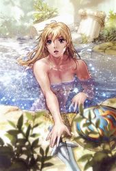Rule 34 | 1girl, armpits, blonde hair, blue eyes, breasts, collarbone, completely nude, day, embarrassed, eyelashes, female focus, fingernails, hair between eyes, hands up, holding, holding sword, holding weapon, lake, large breasts, long hair, looking away, namco, nature, neck, nude, official art, open mouth, outdoors, outstretched arm, outstretched hand, partially submerged, pillar, plant, ruins, shield, skinny dipping, sophitia alexandra, soul calibur, surprised, swimming, sword, unworn clothes, water, weapon, wet, wet hair
