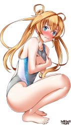 Rule 34 | 1girl, abukuma (kancolle), barefoot, blonde hair, blue eyes, blush, breasts, commentary request, competition swimsuit, double bun, embarrassed, grey one-piece swimsuit, hair between eyes, hair rings, highres, kantai collection, long hair, looking at viewer, one-piece swimsuit, simple background, small breasts, solo, squatting, swimsuit, tsuchimiya, white background