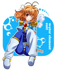 Rule 34 | 1990s (style), 1girl, ahoge, artist request, blue background, blush, bodysuit, boots, brown eyes, brown hair, bubble, corrector yui, cropped jacket, epaulettes, full body, gem, kasuga yui, knee boots, short hair, sitting, solo, wince, wink