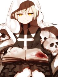 Rule 34 | 1girl, bad id, bad pixiv id, black dress, blanket, blood, blood stain, book, closed mouth, dress, feet out of frame, hair between eyes, hiiragi fuyuki, holding, holding book, long sleeves, looking at viewer, open book, original, simple background, sitting, skull, smile, solo, white background, yellow eyes