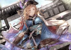 Rule 34 | 1girl, arrow (projectile), black gloves, black headwear, blue kimono, blue sky, bow (weapon), brown eyes, brown hair, closed mouth, commentary request, falling petals, gloves, granblue fantasy, hamaya, hat ornament, holding, holding arrow, japanese clothes, kimono, light smile, long hair, looking ahead, muramitsu (d3jgv), new year, official alternate costume, outdoors, petals, print kimono, shrine, sky, solo, tweyen (granblue fantasy), tweyen (twilight ties kimono) (granblue fantasy), weapon, wide sleeves, winged hat