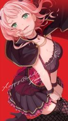 Rule 34 | 1girl, absurdres, bang dream!, black choker, black cloak, black footwear, black horns, black shirt, black skirt, blush, breasts, brown thighhighs, character name, choker, cleavage, cloak, collarbone, commentary, dated, fake horns, feet out of frame, fishnet thighhighs, fishnets, floating cape, floating hair, floral print, frilled shirt, frilled skirt, frills, from above, from side, garter straps, green eyes, happy birthday, head back, high collar, high heels, highres, horns, kneeling, long hair, looking at viewer, looking to the side, looking up, medium breasts, miniskirt, nobusawa osamu, official alternate costume, parted lips, pendant choker, pink hair, pink shirt, pleated skirt, print shirt, print thighhighs, red background, ribbon, ribbon-trimmed shirt, ribbon trim, rose print, see-through, shirt, shoe soles, simple background, skirt, skirt tug, sleeveless, sleeveless shirt, solo, thighhighs, two-tone shirt, uehara himari, v arms, white ribbon, wrist cuffs, zettai ryouiki
