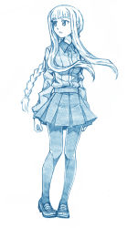 Rule 34 | 1girl, aged down, bbb (friskuser), blue theme, blunt bangs, braid, braided ponytail, commentary, dress shirt, full body, girls und panzer, highres, kuromorimine school uniform, loafers, long hair, long sleeves, looking to the side, miniskirt, monochrome, nishizumi shiho, pantyhose, parted lips, pleated skirt, school uniform, shirt, shoes, sidelocks, single braid, skirt, solo, standing, straight hair, wind, wing collar