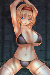 Rule 34 | 1girl, alice margatroid, armpits, arms up, ass, bdsm, bikini, black bra, black panties, blonde hair, blue eyes, bondage, bound, bound arms, bra, breasts, brick wall, clip studio paint (medium), gluteal fold, hairband, highres, kneeling, large breasts, lolita hairband, looking at viewer, navel, nervous, nervous smile, open mouth, panties, red hairband, restrained, shoes, short hair, shounen (hogehoge), smile, solo, spread legs, swimsuit, thighhighs, touhou, underboob, underwear