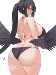 Rule 34 | 1girl, ass, bikini, black bikini, black choker, black hair, black wings, blue archive, blush, breasts, choker, collarbone, commentary request, feathered wings, hair between eyes, halo, hasumi (blue archive), highres, kuavera, large breasts, long hair, looking at viewer, looking back, navel, ponytail, red eyes, sideboob, skindentation, solo, swimsuit, wings