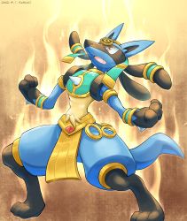 Rule 34 | 1boy, absurdres, aura, commentary request, creatures (company), dated, dog boy, egyptian, egyptian clothes, fang, furry, game freak, gen 4 pokemon, gradient background, highres, katkichi, looking up, lucario, lucario (ruins), nintendo, no humans, open mouth, pokemon, pokemon (creature), pokemon unite, red eyes, signature, simple background, solo, spikes, standing, yellow background