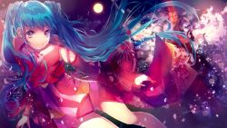 Rule 34 | 1girl, aqua hair, cherry blossoms, detached sleeves, dutch angle, floral print, full moon, grey eyes, hair ornament, hatou midori, hatsune miku, highres, long hair, looking at viewer, moon, outdoors, petals, smile, solo, twintails, vocaloid