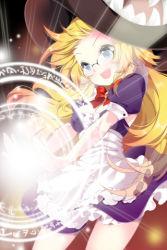 Rule 34 | 1girl, apron, blonde hair, blue eyes, blush, breasts, cleavage, dress, female focus, frills, glasses, gradient background, hat, long hair, lowres, magic circle, maid, maid apron, medium breasts, open mouth, ribbon, roh nam kyung, solo, sword girls, witch hat
