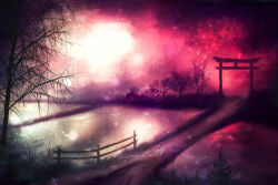 Rule 34 | akyuun, bare tree, blurry, bokeh, commentary, day, depth of field, english commentary, engrish commentary, fence, grass, highres, landscape, no humans, original, outdoors, path, red sky, red theme, reflection, reflective water, rice paddy, road, scenery, sky, sun, torii, tree, water