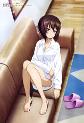 Rule 34 | 1girl, absurdres, bare legs, barefoot, bottomless, breasts, brown eyes, brown hair, cleavage, closed mouth, collared shirt, couch, dress shirt, feet, girls und panzer, highres, indoors, itou takeshi, long sleeves, lying, medium breasts, megami magazine, nishizumi maho, official art, on back, picture frame, rug, scan, shirt, slippers, smile, solo, thighs, toes, white shirt, wooden floor
