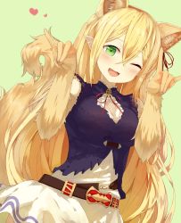 Rule 34 | 1girl, :3, :d, absurdres, animal ear fluff, animal ears, animal hands, arisa (shadowverse), bare shoulders, belt, blush, breasts, brown belt, cleavage, cleavage cutout, clothing cutout, commentary request, dress, dutch angle, elbow gloves, extra ears, fang, fox ears, fox girl, fox shadow puppet, fox tail, gloves, green background, green eyes, hair between eyes, hands up, heart, highres, large breasts, long hair, looking at viewer, loose belt, neck ribbon, one eye closed, open mouth, orange gloves, parted bangs, paw gloves, pointy ears, red ribbon, ribbon, shadowverse, simple background, sleeveless, sleeveless dress, smile, solo, tail, very long hair, yamato (muchuu paradigm)