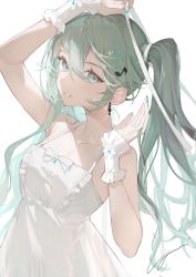 Rule 34 | 1girl, absurdres, aqua nails, arm up, bare shoulders, blue eyes, blue hair, breasts, cleavage, collarbone, commentary, cowboy shot, dress, english commentary, eyebrows hidden by hair, fortissimo, glint, grin, hair between eyes, hair ornament, hand on own head, hand up, hatsune miku, highres, light particles, long hair, looking at viewer, musical note, musical note earrings, musical note hair ornament, nail polish, parted lips, signature, simple background, sleeveless, sleeveless dress, small breasts, smile, solo, spaghetti strap, twintails, vocaloid, white background, white dress, wrist cuffs, yoimon