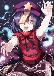 Rule 34 | 1girl, beret, black skirt, blue eyes, blue hair, hat, highres, jiangshi, looking at viewer, miyako yoshika, ofuda, one eye covered, open mouth, outstretched arms, pale skin, petals, ribbon, ruu (tksymkw), short hair, short sleeves, skirt, smile, solo, star (symbol), touhou, zombie pose
