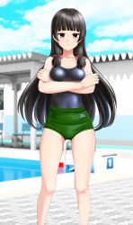 Rule 34 | 1girl, absurdres, black hair, black one-piece swimsuit, blue sky, breasts, buruma, cleavage, cloud, competition school swimsuit, crossed arms, day, feet out of frame, green buruma, gym uniform, hair ribbon, highres, isokaze (kancolle), kantai collection, long hair, looking at viewer, medium breasts, one-piece swimsuit, outdoors, pool, poolside, red eyes, ribbon, school swimsuit, sky, solo, starting block, swimsuit, swimsuit under clothes, takafumi, tress ribbon