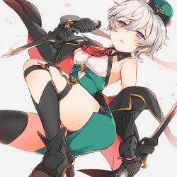 Rule 34 | 1girl, bare shoulders, closed mouth, collared shirt, detached sleeves, doll joints, dragalia lost, grey hair, hair between eyes, hat, highres, holding, holding sword, holding weapon, joints, laxi (dragalia lost), looking at viewer, mini hat, po pooch, purple eyes, shirt, short hair, sword, upper body, weapon