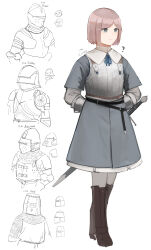 Rule 34 | 1girl, ?, absurdres, armor, arms behind back, belt, blue dress, blue eyes, blue ribbon, boots, breastplate, brown footwear, chainmail, closed mouth, collar, collared dress, diagram, dress, full body, gauntlets, highres, leather belt, original, parted bangs, pink hair, plate armor, rampart1028, ribbon, sheath, sheathed, short hair, sidelocks, sketch, sword, walking, weapon, white collar