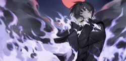 Rule 34 | 1boy, black hair, burning, covered eyes, fang, fire, forever 7th capital, hair over eyes, hands on own head, highres, isaac (forever 7th capital), long sleeves, male focus, meru02295238, moon, purple fire, red moon, scratching head, screaming, smoke, solo, tears, upper body