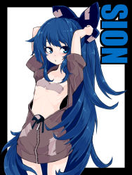 Rule 34 | 1girl, :o, absurdly long hair, arms up, black border, blue bow, blue eyes, blue hair, border, bow, breasts, character name, collarbone, commentary request, cowboy shot, debt, grey hoodie, hair bow, highres, hood, hood down, hoodie, jakomurashi, long hair, looking at viewer, naked hoodie, open clothes, open hoodie, pasties, ribs, skinny, small breasts, solo, standing, stuffed animal, stuffed cat, stuffed toy, touhou, unzipped, very long hair, white background, yorigami shion