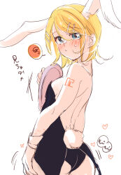 Rule 34 | 1girl, animal ears, bare back, black leotard, blonde hair, blush, breasts, detached collar, embarrassed, fake animal ears, fake tail, hair ornament, hairclip, highres, holding, holding plate, kagamine rin, leotard, looking at viewer, looking back, mimi mine, number tattoo, oversized breast cup, plate, playboy bunny, puckered lips, rabbit ears, rabbit tail, short hair, shoulder blades, shoulder tattoo, sideboob, small breasts, solo, spoken squiggle, squiggle, strapless, strapless leotard, swept bangs, tail, tattoo, turning head, vocaloid, wrist cuffs