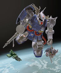 Rule 34 | alexandria, clenched hand, earth federation, flying, glowing, glowing eye, graphite (medium), gun, gundam, gundam msv, holding, holding gun, holding weapon, looking to the side, mecha, nagase mizuchi, no humans, one-eyed, planet, robot, shoulder cannon, spacecraft, traditional media, weapon, white eyes, zaku cannon, zeta gundam