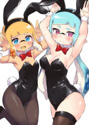 Rule 34 | 2girls, animal ears, aqua hair, armpits, arms up, black leotard, black pantyhose, black thighhighs, blonde hair, blue eyes, blunt bangs, blush, bob cut, bow, bowtie, breasts, cleavage, closed mouth, collar, colored tongue, commentary, detached collar, embarrassed, fake animal ears, fake tail, fang, frown, highres, inkling, inkling player character, leg up, leotard, long hair, medium breasts, multiple girls, nintendo, open mouth, pantyhose, penguin maru (penginmaru), playboy bunny, pointy ears, purple eyes, rabbit ears, rabbit pose, rabbit tail, red bow, red bowtie, short hair, simple background, small breasts, smile, splatoon (series), standing, standing on one leg, strapless, strapless leotard, sweat, tail, tan, tentacle hair, thighhighs, very long hair, white background, white collar, wing collar, wrist cuffs, yellow tongue