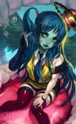 Rule 34 | 1girl, bandages, blue hair, elsevilla, gloves, green eyes, highres, lipstick, makeup, nail polish, necktie, open mouth, solo, thigh strap, thighhighs, vore, wings