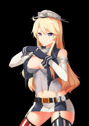 Rule 34 | 10s, 1girl, absurdres, ahoge, asymmetrical legwear, black background, blonde hair, blue eyes, breasts, cleavage, commentary request, detached sleeves, fingerless gloves, garter straps, gloves, headgear, highres, iowa (kancolle), kantai collection, long hair, looking at viewer, miniskirt, mismatched legwear, navel, simple background, skirt, smile, solo, star-shaped pupils, star (symbol), symbol-shaped pupils, tsuki kanou, yueye (blbl-y)